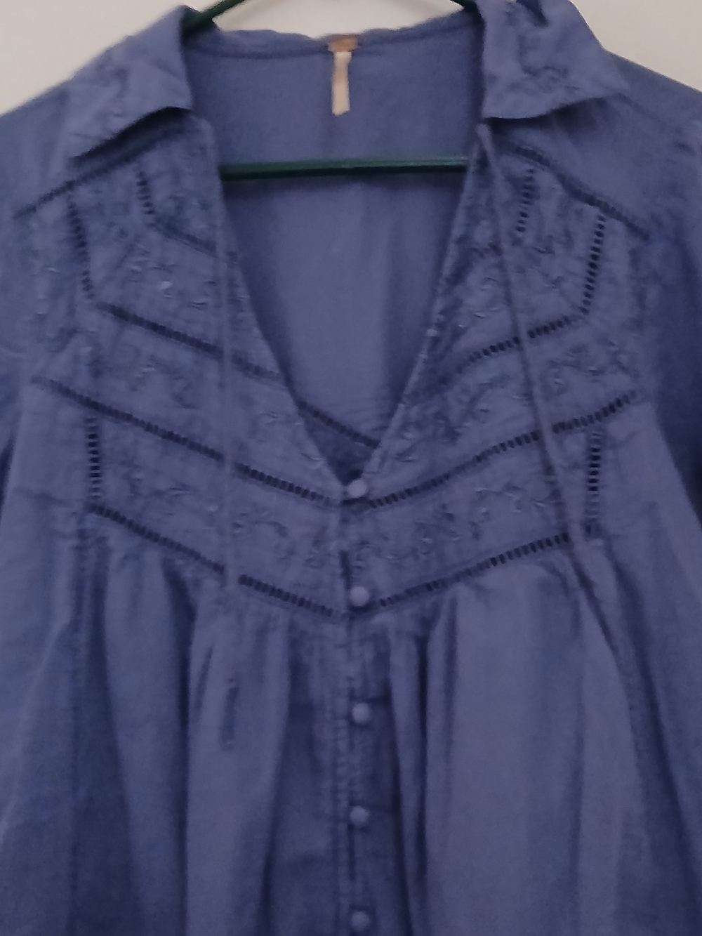 Free People Indigo Embroidered Button-Down Blouse